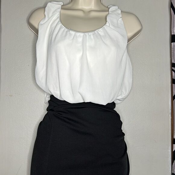 Women’s black and white color block dress with wrap skirt, size small - Picture 3 of 10